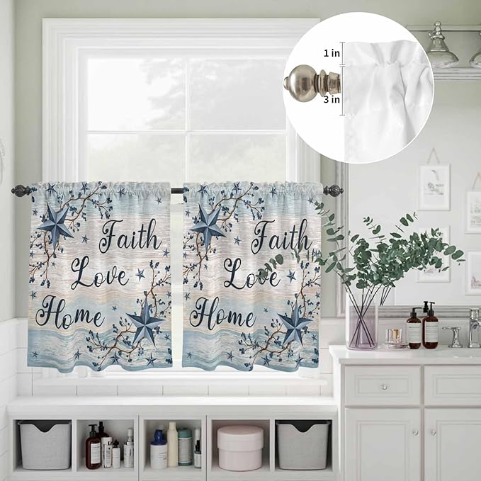 Vintage Farmhouse Kitchen Curtains Set 3 Piece for Windows, Rod Pocket Valance and Tier Set 24 Inch Length, Blue Country Texas Star Vines Wooden Light Filtering Cafe Curtains for Living Room Bathroom