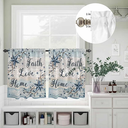 Vintage Farmhouse Kitchen Curtains Set 3 Piece for Windows, Rod Pocket Valance and Tier Set 24 Inch Length, Blue Country Texas Star Vines Wooden Light Filtering Cafe Curtains for Living Room Bathroom