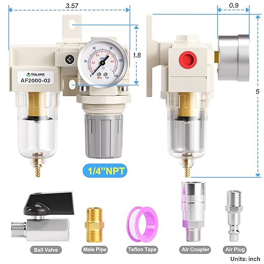 TAILONZ PNEUMATIC 1/4 Inch NPT 2 in 1 Air Filter Pressure Regulator Combo Piggyback, Air Tool Compressor Filter with Gauge AF2000+AR2000