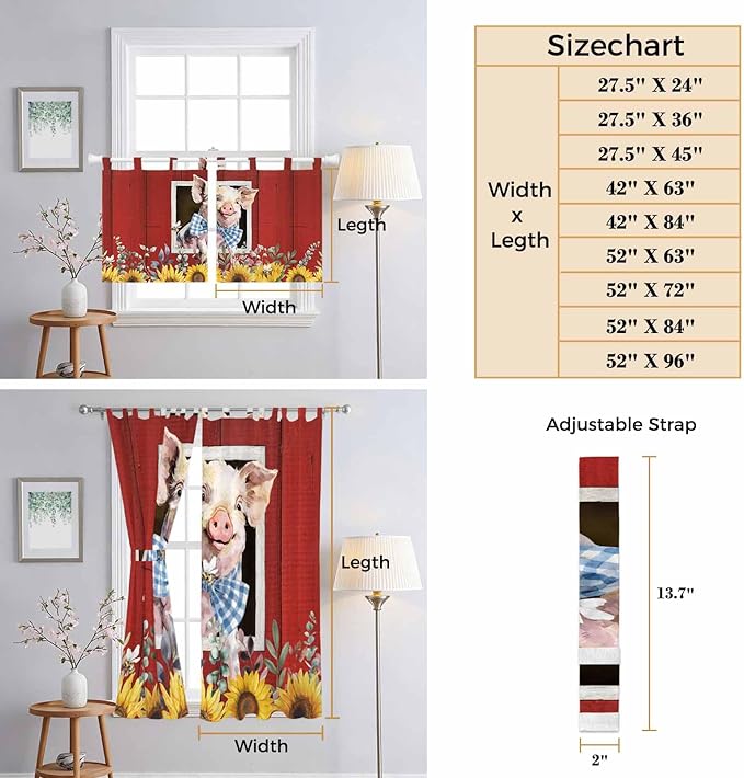 Pig Sunflowers Bedroom Curtains 72 Inch Length, Window Curtains Tab Top, Eucalyptus Leaves Floral Bees Red Barn Light Filtering Window Treatments Drapes 52"x72" 2 Panel