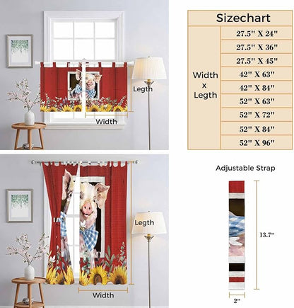 Pig Sunflowers Living Room Curtains 84 Inch Length, Window Curtains Tab Top, Eucalyptus Leaves Floral Bees Red Barn Light Filtering Window Treatments Drapes 52"x84" 2 Panel