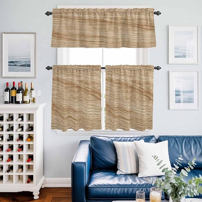 Kitchen Curtains Tiers and Valance Set of 3, Country Farmhouse Light Filtering Window Curtain Set, Vintage Brown Wooden Grain Rod Pocket Curtain Drapes for Cafe, Living Room, 24 Inches Tiers