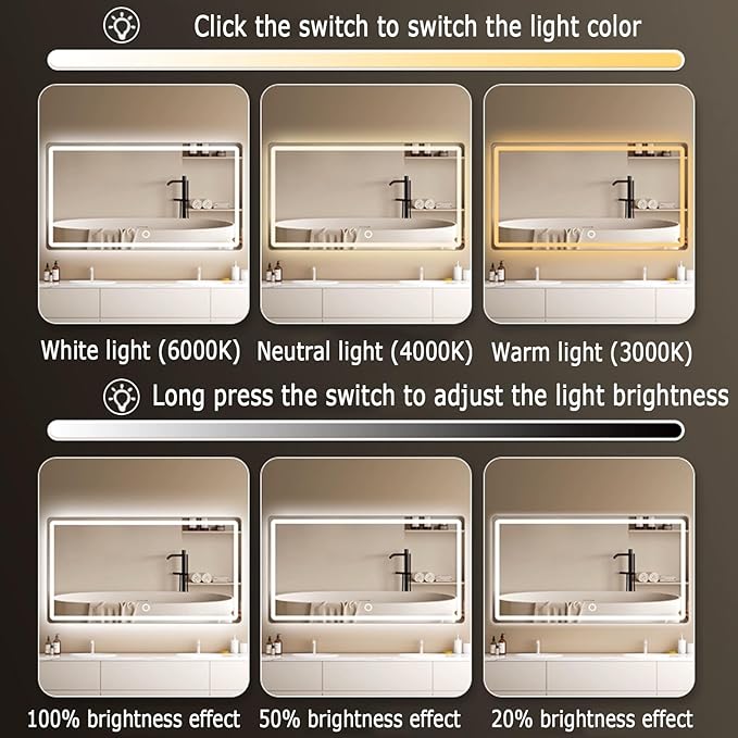 Backlit LED Illuminated Bathroom Mirror with LED Lights, Lighted Bathroom Makeup Wall Mounted Mirror with Demister Pad, Sensor Touch Switch, Horizontal/Vertical(B,H40*W60CM/H15.7*W23.6IN)