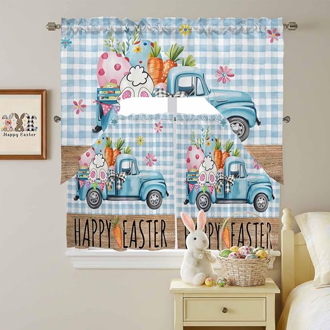 Swag Valance Curtains, Easter Truck with Rabbit Eggs Carrot Rod Pocket Valances Swag Topper for Kitchen Windows, Wood Barn and Blue Checker Light Filtering Short Curtain for Bedroom Bathroom 56x36In