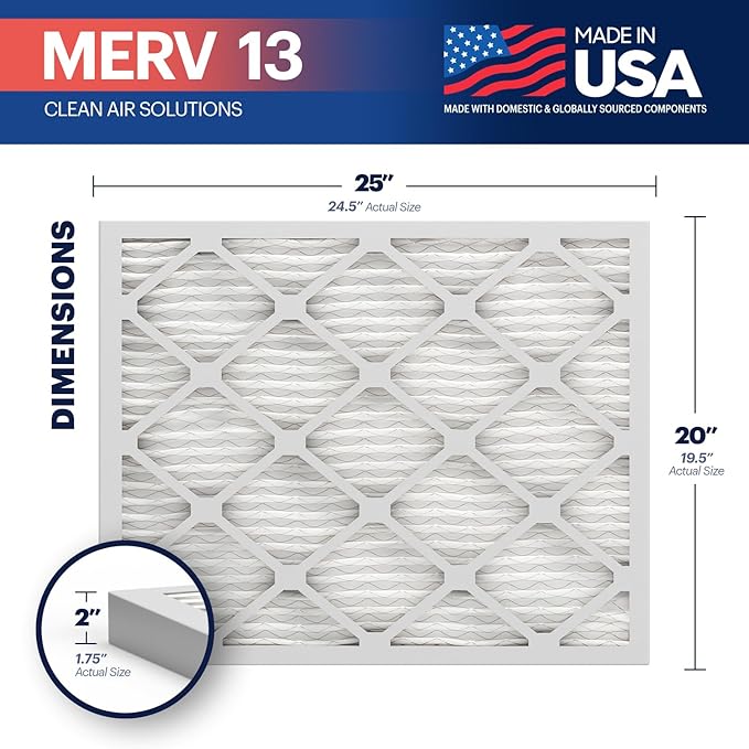 BNX TruFilter 20x25x2 MERV 13 (4-Pack) AC Furnace Air Filter - MADE IN USA - Electrostatic Pleated Air Conditioner HVAC AC Furnace Filters - Removes Pollen, Mold, Bacteria, Smoke
