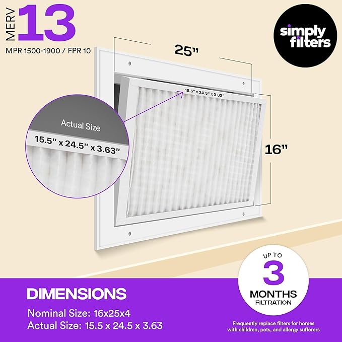 Simply 16x25x4 Air Filter, MERV 13, 4 Pack, Furnace Air Filter for HVAC (Actual Size: 16.5"x25.5"x3.63") DUST, Pet & Allergy Control