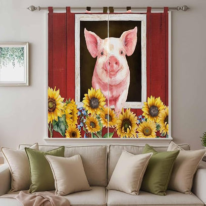 Pigs Sunflowers Living Room Curtains 84 Inch Length, Window Curtains Tab Top, Farmhouse Red Barn Flowers Animals Light Filtering Window Treatments Drapes 42"x84" 2 Panel