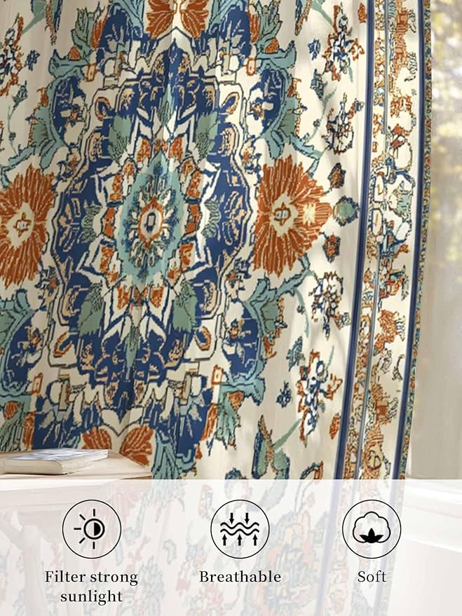 Sheer Curtains 72 Inches Long, Southwest Farmhouse Semi Sheer Curtains Light Filtering Window Treatment, Orange Blue Desert Bohemian Privacy Voile Drapes for Living Room Bedroom 52x72 Inch