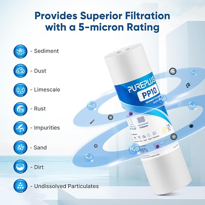 PUREPLUS 5 Micron 10" x 2.5" Whole House Sediment Home Water Filter Cartridge Replacement for Any 10 inch RO Unit, Culligan P5, Aqua-Pure AP110, Dupont WFPFC5002, CFS10, WHKF-G05, 6Pack