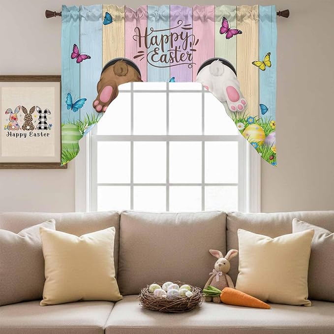 Swag Valance Curtains, Happy Easter Rabbit Butt Egg on Daisy Leaf Rod Pocket Valances Swag Topper for Kitchen Windows, Bufferfly on Wood Barn Light Filtering Short Curtain for Bedroom Bathroom 56x36In