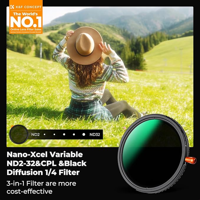 K&F CONCEPT 95mm Black Diffusion Mist Effect 1/4 & Variable ND2-32(1-5 Stops) & Circular Polarizing Filter CPL-in 1 HD Lens Filter with 28 Multi-Coatings for Camera Lenses (Nano-X Series)