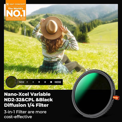 K&F CONCEPT 95mm Black Diffusion Mist Effect 1/4 & Variable ND2-32(1-5 Stops) & Circular Polarizing Filter CPL-in 1 HD Lens Filter with 28 Multi-Coatings for Camera Lenses (Nano-X Series)