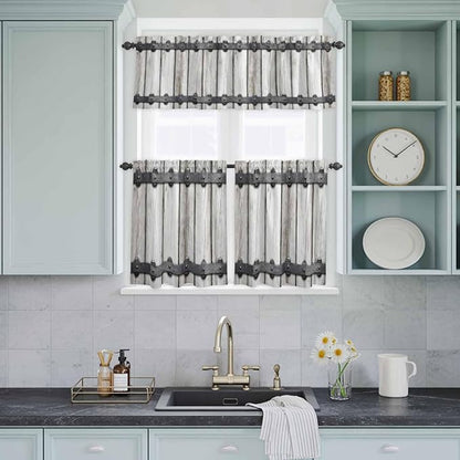 Farmhouse Rustic Kitchen Curtain Set, Vintage Country Wooden Grain Window Valance and Tiers 24" Length, Light Filtering Short Curtains Valance for Cafe Bathroom Bedroom 54"x18"