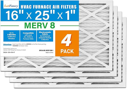 LotFancy 16x25x1 Air Filter MERV 8 4-Pack, Electrostatic Pleated Furnace & AC Filter, Captures Dust, Pet Hair, Pollen, Actual Size: 15.75"x24.75"x0.75"