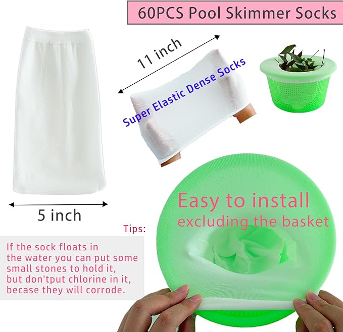 60PCS Pool Skimmer Socks Above Ground and Inground Pool, Pool Skimmer Basket Nets, Ultra Fine Mesh Screen Pool Filter Socks for Pool Skimmer Basket