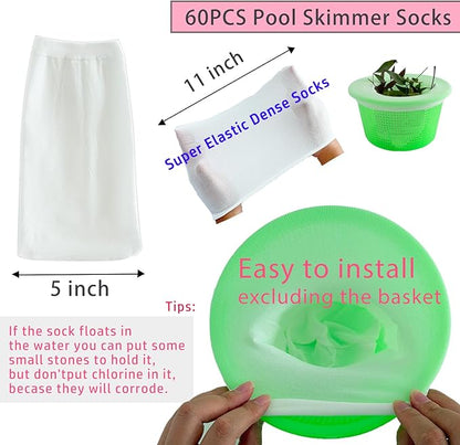 60PCS Pool Skimmer Socks Above Ground and Inground Pool, Pool Skimmer Basket Nets, Ultra Fine Mesh Screen Pool Filter Socks for Pool Skimmer Basket