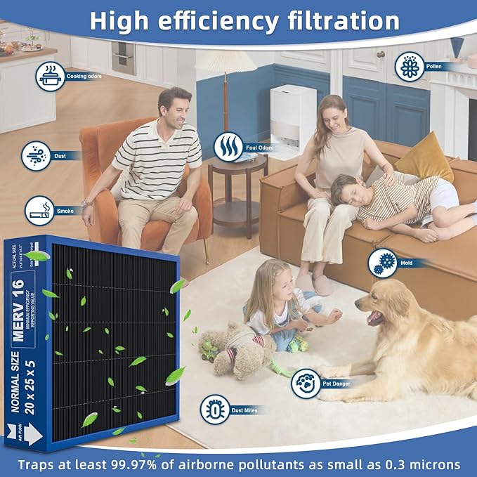 20x25x5 Merv 16 Air Filter Compatible with Lennox X6675 and Lennox HCC20-28 Furnace HVAC System, Activated carbon deep filtration, Part Number HCF20-16, (actual size:19.8" x 24.8" x 4.3")