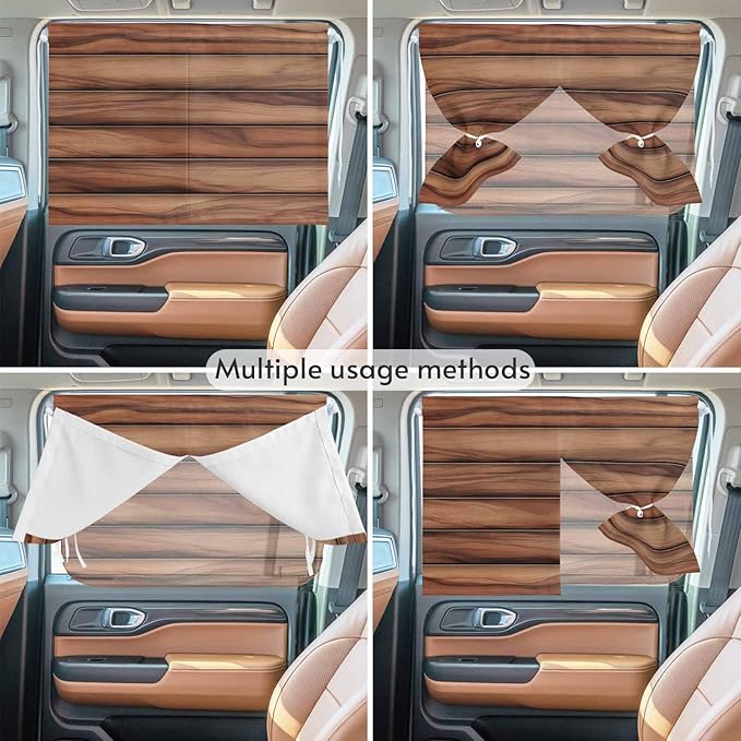 Western Barn Door Magnetic Double Layer Car Window Shades,Side Window Curtains for Blackout/Breathable Mesh View,Country Farmhouses Wooden Grain Brown Heat Protection Privacy Sun Shades 26x20in 2pcs