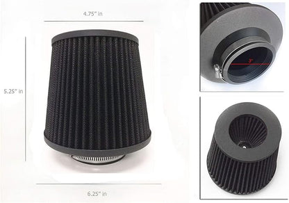 Black Cold Air Intake Cone Replacement Performance Washable Clamp-on Dry Filter with Sock Protective Cover Mesh Dustproof Bag (3")