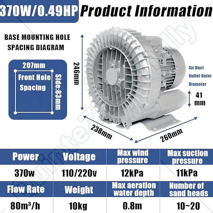 Vortex Ring Regenerative Blower,Single Phase High-Pressure Industrial Vacuum Pump,Electric Air Pump,for Industrial Applications,Construction Sites,Fish Pond Aeration 370W/0.49HP