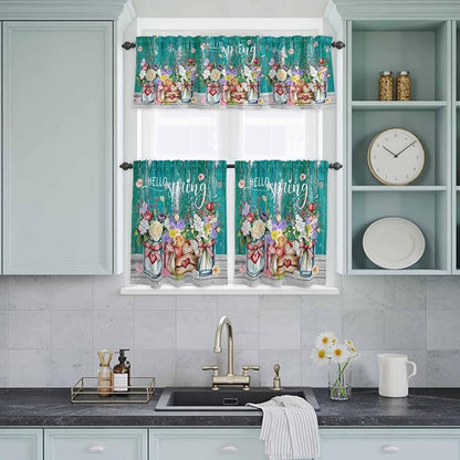 Spring Flowers Kitchen Curtain Set, Farmhouse Watercolor Teal Wood Grain Window Valance and Tiers 36" Length, Light Filtering Short Curtains Valance for Cafe Bathroom Bedroom 54"x18"