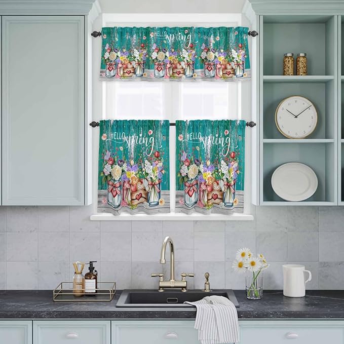 Spring Flowers Kitchen Curtain Set, Farmhouse Watercolor Teal Wood Grain Window Valance and Tiers 24" Length, Light Filtering Short Curtains Valance for Cafe Bathroom Bedroom 54"x18"