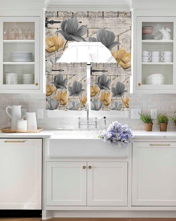 Vintage Tulip Swag Kitchen Curtains Valance and Tier Set, Farmhouse Retro Blue Yellow Grey Flower Barn Door Light-Filtering Swag Valance 24 Inch Length, Rod Pocket Short Curtain for Bedroom Cafe
