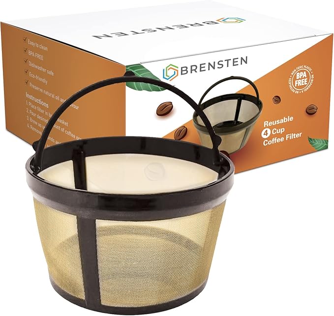 4 Cup Reusable Filter Basket With Closed Bottom Fits MrCoffee Coffee Maker and Brewer - Permanent Filter Replacement Compatible With Mr Coffee Gold Basket-Style Filters 1-Pack