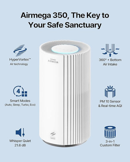 COWAY Air Purifier for Large Room Whole Home Up to 2,640 ft², HEPA Filter for Smoke, Allergen, Pet Dander, Odor, PM 10 AQI, Turbo Eco Mode, Timer, Energy Star, 3yr Warranty, Airmega 350 White