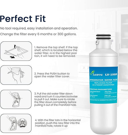Leave LT1000PC ADQ747935 MDJ64844601 Water Filter, Reduce chlorine, bad taste and odor, Replacement for LG® LT1000P®, ADQ74793501, ADQ74793502, Kenmore 46-9980, Pack of 3
