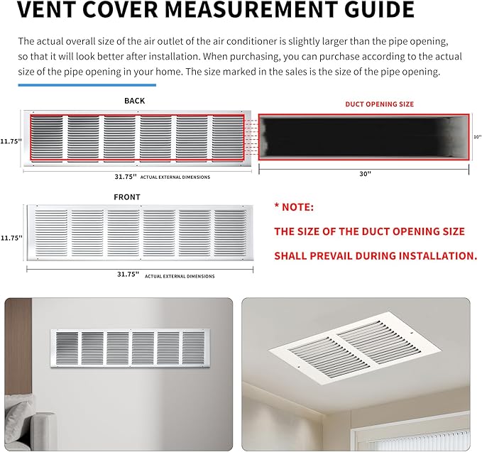 30x10 Return Air Grille(Duct Opening Size),Air Return Vent Cover,Flat Vent Cover,Rejillas De Aire Acondicionado Para Casa,Return Air Grilles,Outer Dimensions:31.75"Wx11.75"H(30"W x 10"H, Duct Opening)