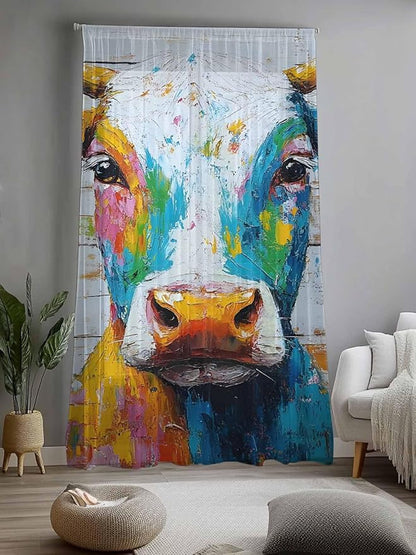Sheer Curtains 108 Inches Long, Funny Colorful Cow Semi Sheer Curtains Light Filtering Window Treatment, Retro Rustic Oil Painting Wood Grain Privacy Voile Drapes for Living Room Bedroom 52x108 Inch
