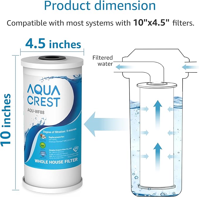 AQUA CREST FXHTC 5 Micron 10" x 4.5" Whole House Water Filter Replacement for GE® FXHTC, GXWH40L, American Plumber W10-PR, W10-BC, Culligan® RFC-BBSA, GXWH35F, W50PEHD, Pentek R50-BB, Pack of 2