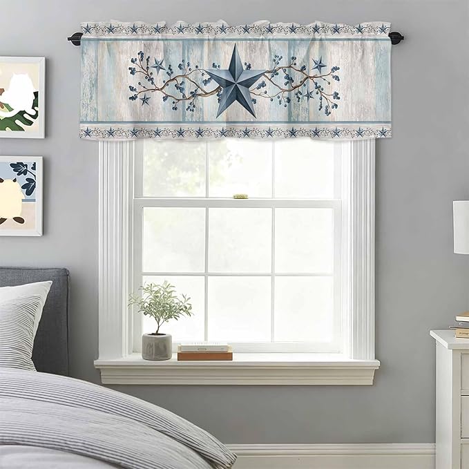 Blue Texas Star Valances for Windows, Vintage Star Berry Blue Beige Wood Grain Kitchen Valance Light Filtering Rod Pocket Short Curtains for Kitchen Bathroom, 1 Panel, 56"x16"