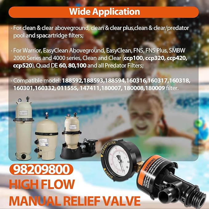 98209800 High Flow Manual Relief Valve/Air Relief Manual Valve Assembly with Pressure Gauge, Replacement for Pool and Spa Filter (2 PACK-98209800)
