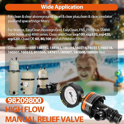 98209800 High Flow Manual Relief Valve/Air Relief Manual Valve Assembly with Pressure Gauge, Replacement for Pool and Spa Filter (2 PACK-98209800)