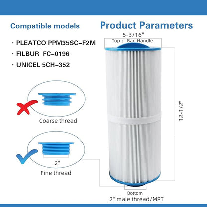 5CH-352 Replaces Marquis Spa Filter, Compatible With PPM35SC-F2M,FC-0196, Marquis 35, Marquis Spa 20042, 20092, 70-0240, 370-0242, 370-0243, 2" Male Fine Thread 35 sq.ft. Hot Tub Filter 2 Pack