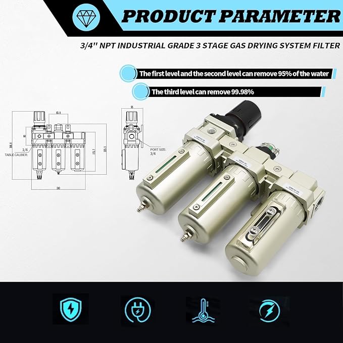 3/4" NPT Industrial Grade 3 Stage Drying System Filter, Coalescing Filter, Desiccant Dryer, Auto Drain, Compatible with Paint Spray, Plasma Cutter (3/4" NPT)