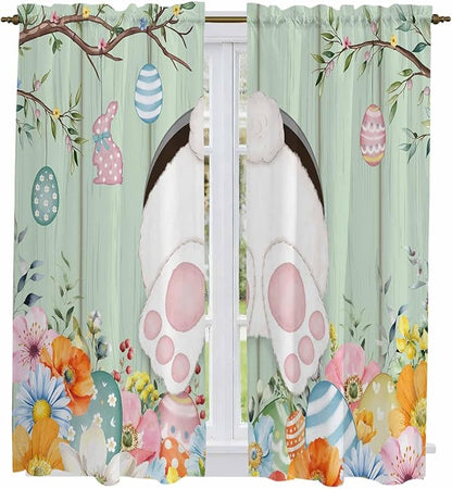 Easter Window Curtains 63 Inch Long 2 Panel Set, Rod Pocket Bedroom Curtains & Drapes, Spring Watercolor Bunny Eggs Wooden Grain Green Light Filtering Window Treatment for Living Room 42"W x 63"L