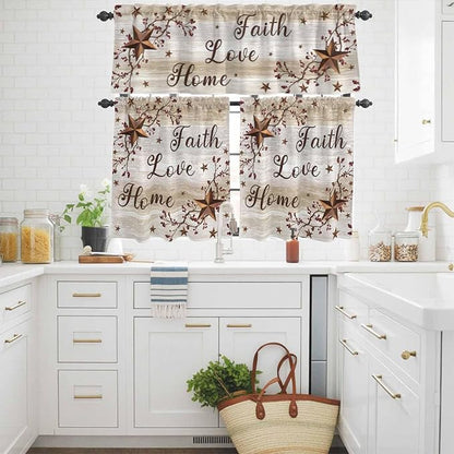 Kitchen Curtains Tiers and Valance Set of 3, Texas Star Brown Light Filtering Window Curtain Set, Farmhouse Retro Branches Wooden Grain Rod Pocket Curtain Drapes for Cafe, Living Room, 24 Inches Tiers