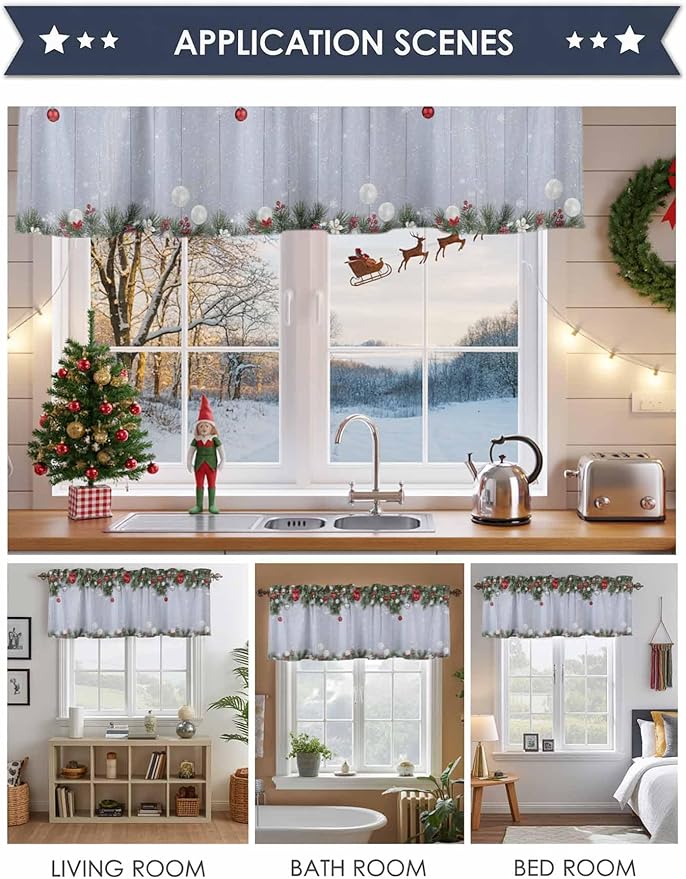 Christmas Curtain Valances for Windows, Kitchen Valance Window Treatment, Winter Xmas Balls Pine Branches Wooden Grain Light Filtering Block Curtains for Bathroom/Bedroom/Living Room 42'' x 18''