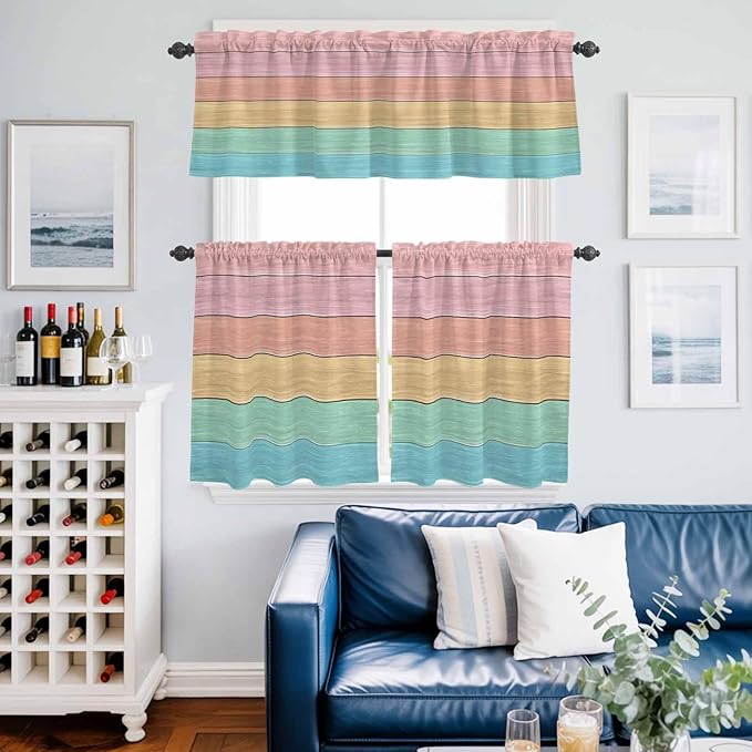 Kitchen Window Curtains Valance and Tier Set, Farm Colorful Wooden Plank Rod Pocket Tier Curtain Valance Set, Rustic Wood Grain Barn Light Filtering Cafe Curtains for Bedroom Living Room