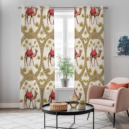 2 Panel Kitchen Cafe Curtains, Camels Palm Trees Sunlight Filtering Nature Air Through, Window Decor Tier Curtains for Living Room 104W x 96L inch Desert Date Coconut Trees Leaves Cords Beige