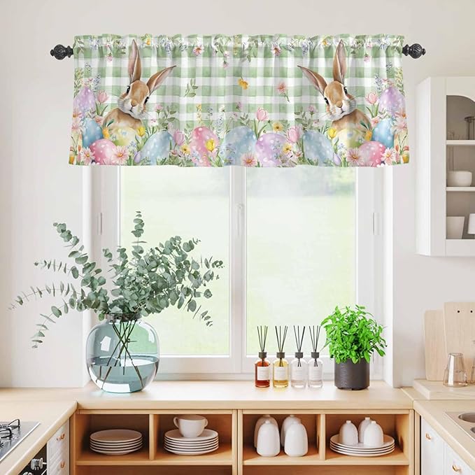 Kitchen Curtains Tiers and Valance Set of 3, Easter Light Filtering Window Curtain Set, Spring Bunny Colorful Eggs Floral Leaves Grey Plaid Rod Pocket Curtain Drapes for Living Room, 24 Inches Tiers