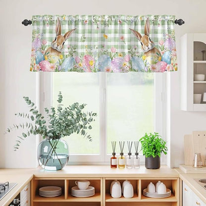Kitchen Curtains Tiers and Valance Set of 3, Easter Light Filtering Window Curtain Set, Spring Bunny Colorful Eggs Floral Leaves Grey Plaid Rod Pocket Curtain Drapes for Living Room, 24 Inches Tiers
