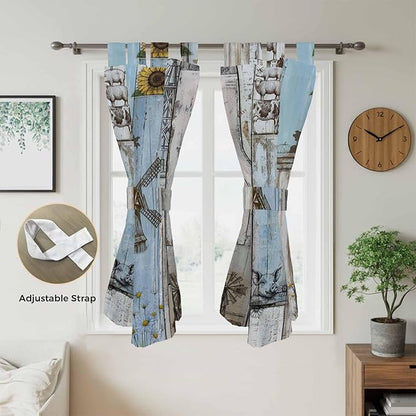 Blue Grey Wooden Living Room Curtains 84 Inch Length, Window Curtains Tab Top, Farmhouse Barn Sunflowers Retro Light Filtering Window Treatments Drapes 42"x84" 2 Panel