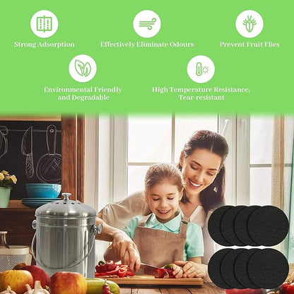Pack of 8 Compost Bin Charcoal Filters Round Indoor Kitchen Compost Bucket Activated Charcoal Filters Replacements Sheets Universal Size with Sizing Template to 7.25"