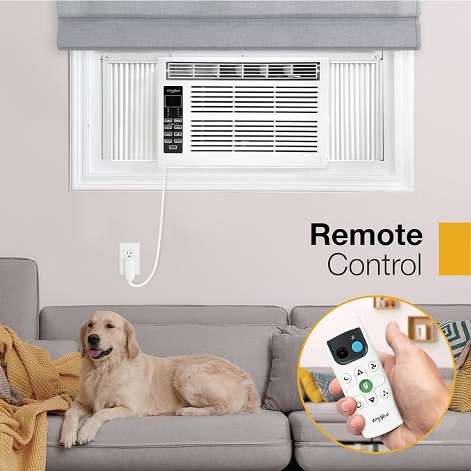 Whirlpool 8,000 BTU Window Air Conditioner with Dehumidifier, 115V, Window AC for Rooms up to 350 Sq. Ft., Living Room, Bedroom, or Apartment, with 3 Speeds, Remote Control, and 24H Timer, White