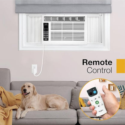 Whirlpool 8,000 BTU Window Air Conditioner with Dehumidifier, 115V, Window AC for Rooms up to 350 Sq. Ft., Living Room, Bedroom, or Apartment, with 3 Speeds, Remote Control, and 24H Timer, White