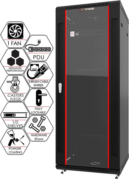 Sysracks 27U Wall Mount Server Rack Cabinet, 19” Locking Network Rack, 24” Deep, Glass Door, with Fan, PDU and Shelf
